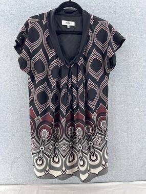 Tibi Women's sz 6 Tribal Print 100% Silk Shift Dress Tunic Mini Cap Sleeve Fall